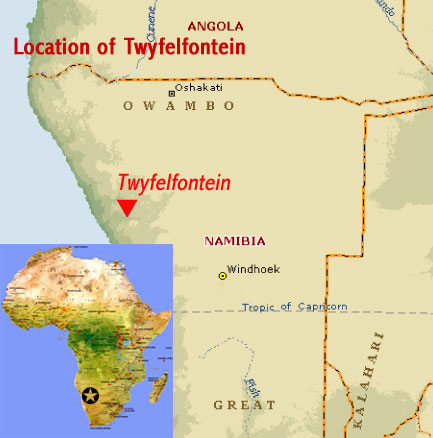 Map showing the location of Twyfelfontein rock-art world heritage site in the Damaraland region of northern Namibia